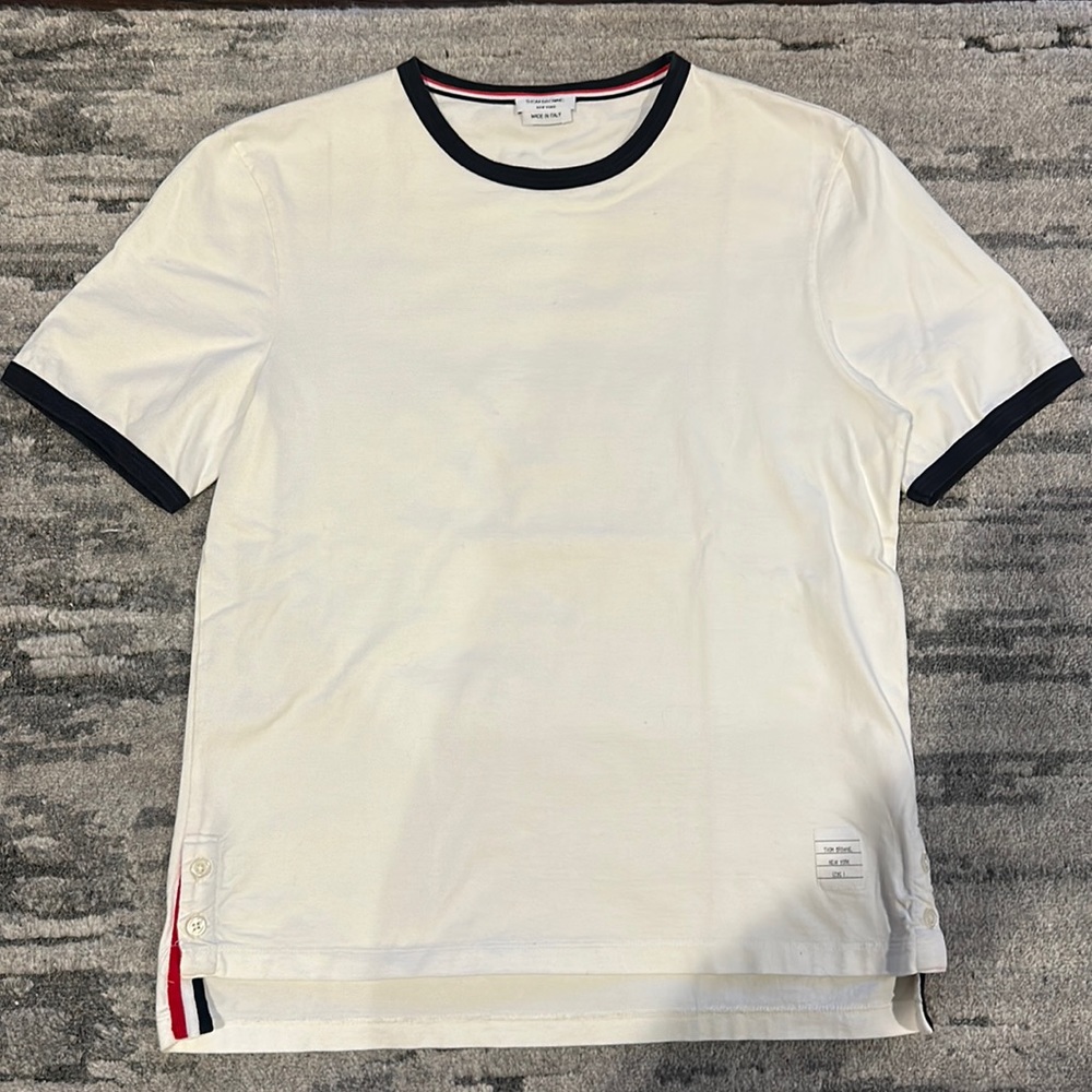 Thom Browne Men’s white with navy contrast ringer tshirt size 1